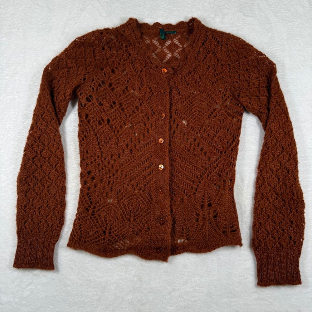 Stile Benetton Mohair Blend Open Knit Cardigan‎ Sweater Rust Brown Womens XS